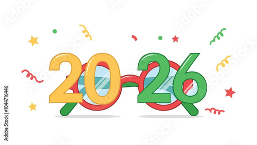 Party Eyeglasses for New Year 2026 Celebration with Confetti Elements Vector