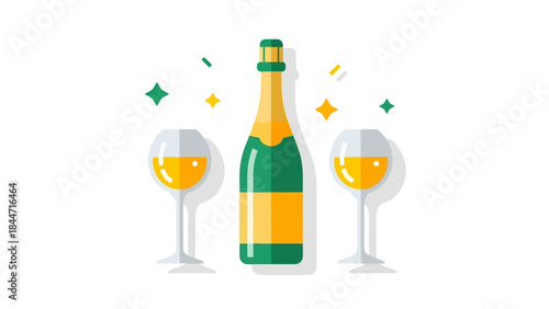 Champagne Bottle and Two Wine Glasses Toasting Celebration Vector