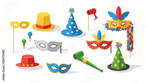 Set of Festive Carnival and New Year Party Masks Hats and Props Vector
