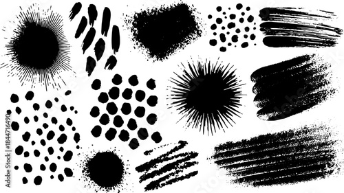 Collection of black spray paint brush strokes and textures in a vector illustration set.