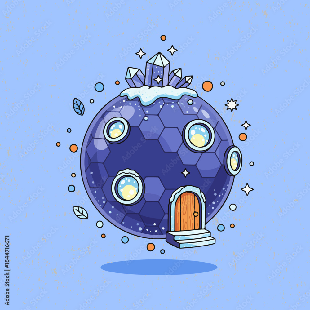 Obraz premium Blueberry bubble house with sparkling snow dust isolated. Architecture building vector illustration. Suitable for poster and web design 