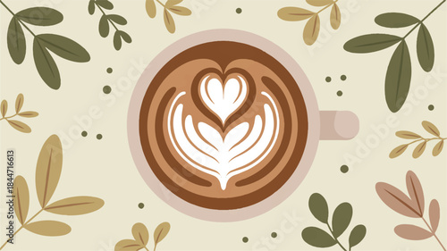 Coffee cup with heartshaped latte art surrounded by leaves