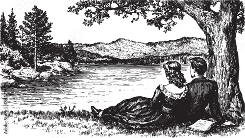 A couple seated by a lake under a tree. Vintage black and white vector illustration captures a serene outdoor landscape with mountains in the background.