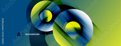 Abstract design features flowing shapes, vibrant colors. Gradient blends blue, green, yellow creating dynamic visual effect. Modern, sleek presentation.