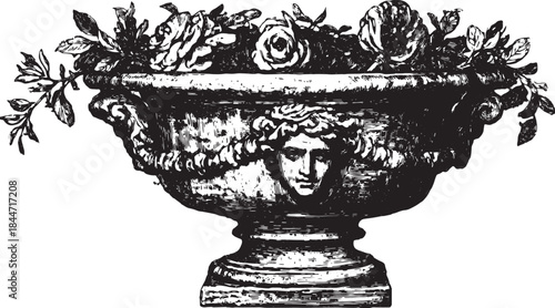 Vase with flowers as decor. Detailed black and white vector illustration suitable for a floral arrangement set.