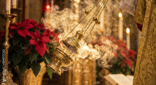 Swinging golden thurible releases incense smoke during a solemn Christmas mass with poinsettias, an atmospheric photo of a church service with incense smoke and candles