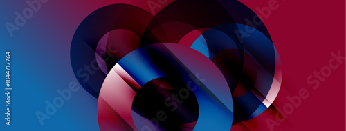 Abstract shapes overlap, creating dynamic composition. Blue, red hues dominate, suggesting depth, movement. Modern design elements present.