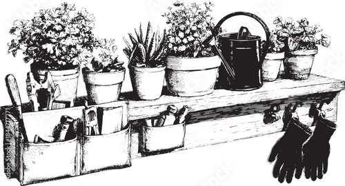 Garden tools and pots with blooming plants on a wooden shelf. Black line art style, detailed vector illustration perfect for gardening themes.