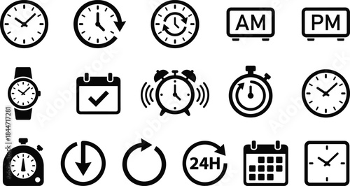Clock and time management icon set featuring alarms stopwatch schedule calendar countdown rotation twenty-four hour reminders watch symbols and modern timing concepts