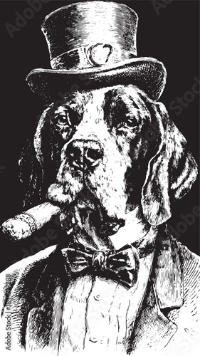 Dog portrait in vintage style. A cartoon illustration featuring a gentleman dog with a bowtie, hat, and cigar, presented as a stylish vector set.