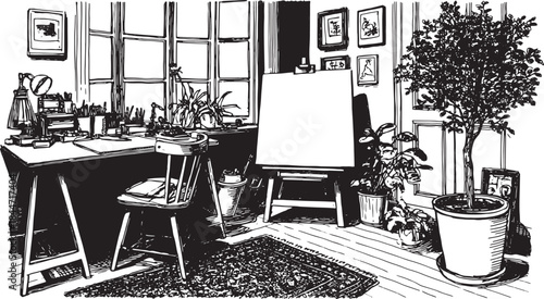 Art room with a desk and easel. Indoor workspace featuring plants, lamp, and sunlight, presented in a black and white vector illustration.