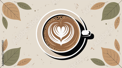 Cup of coffee with heart design surrounded by leaves