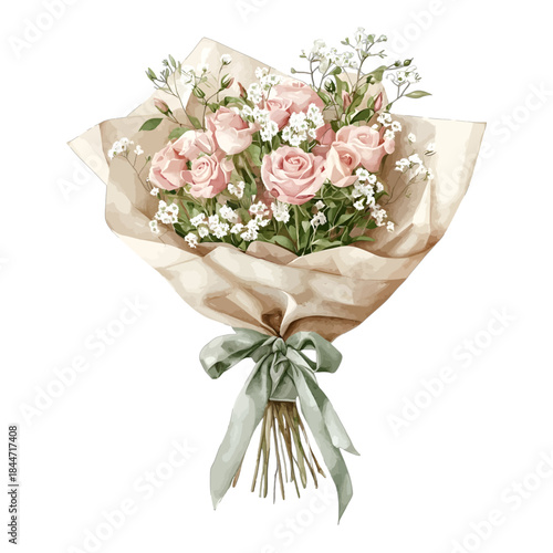 Pink Rose and Babys Breath Flower Bouquet Illustration
