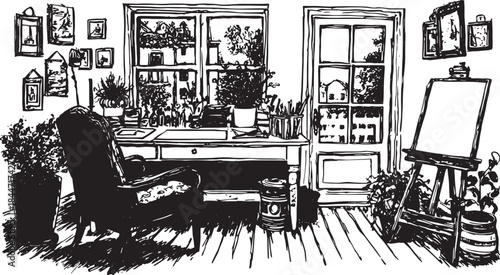 Workspace with a desk, chair, and easel. Indoor plants and a window enhance this calming vector illustration in black and white.