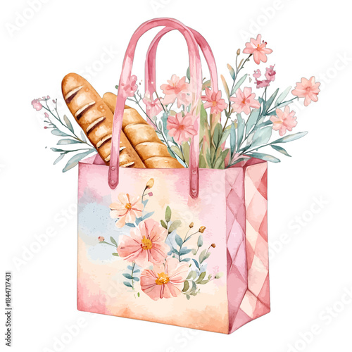 French Baguettes in Floral Shopping Bag Illustration
