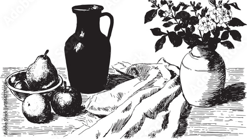 Still life set of fruit including pear and apple, alongside a pot and vase with flowers. Simple black and white vector illustration.