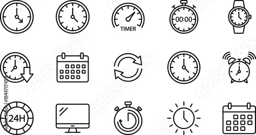 Modern time management icon set featuring clock, timer, calendar, stopwatch and schedule symbols for productivity, planning, deadlines and digital interfaces