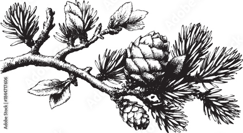 Pine branch with cones and leaves in a detailed black and white vector illustration. This botanical illustration features an elegant design set against a simple background.