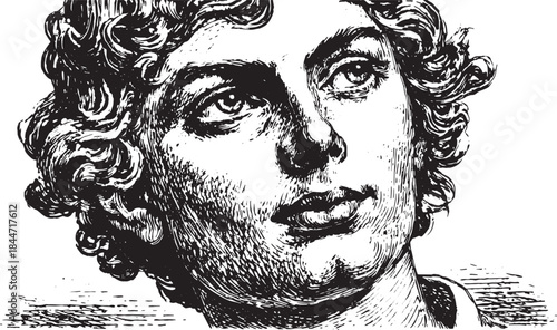Classic portrait drawing of a male face with fine details. A black and white vintage vector illustration capturing historical significance.