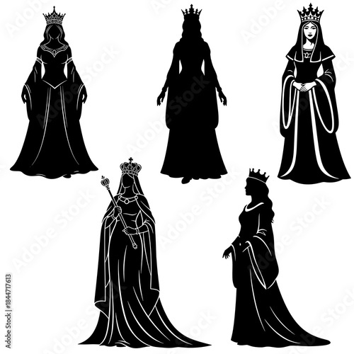Queen Esther black silhouette in royal robes for Purim icon set and religious storytelling design