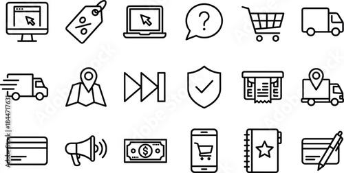 Collection of modern ecommerce, delivery, payment, navigation, security, shopping cart, mobile commerce and online retail icons designed for digital business interface projects