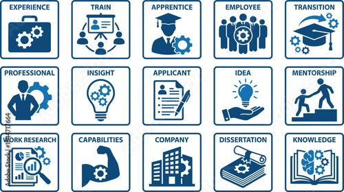 Career development and professional training icon set featuring skills, experience, apprenticeship, insight, research, company growth, mentorship and employee advancement graphics
