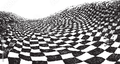 Checkerboard texture with a wavy pattern in black and white. Abstract set showcasing geometric shapes and dynamic lines in vector illustration.