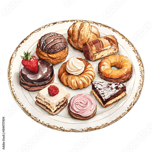 Assorted Gourmet Pastries and Desserts on Plate Illustration
