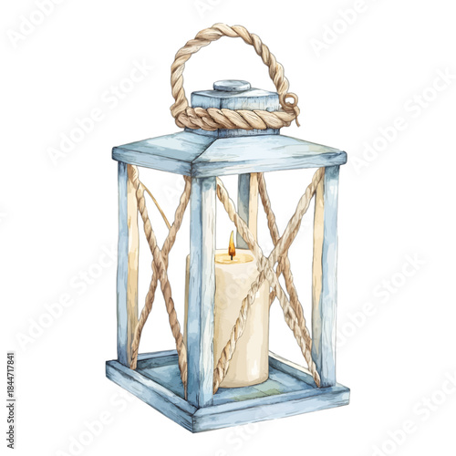 Coastal Blue Candle Lantern with Rope Handle Illustration
