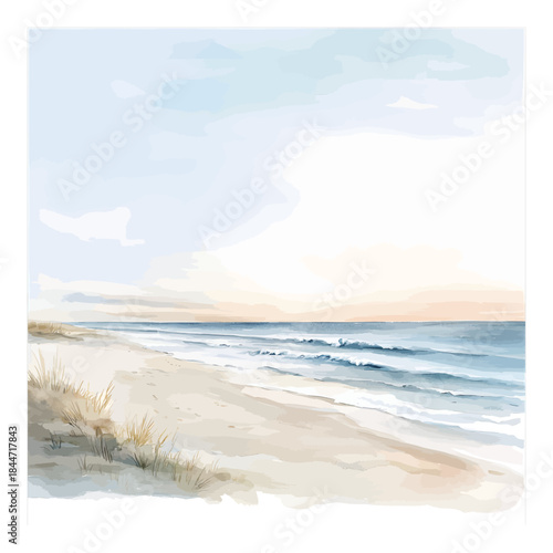 Empty Beach Coastal Seascape Watercolor Illustration
