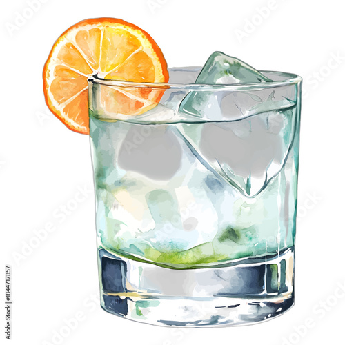 Watercolor Gin and Tonic Cocktail Vector Clipart Illustration
