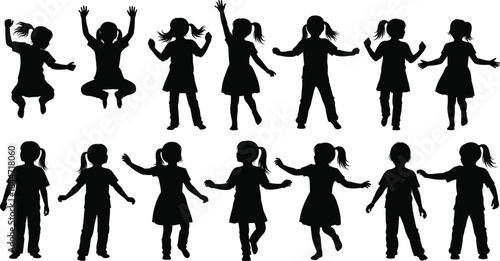 Children silhouette, playful kids, dancing children, jumping pose, expressive movement, childhood joy, vector art, black figure, isolated, white background