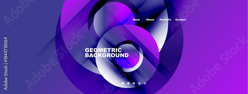 Abstract geometric background. Vibrant purple, blue hues create dynamic visual effect. Navigation menu present, text overlayed.