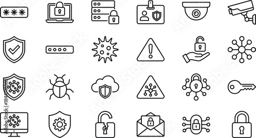 Cybersecurity and data protection icon set featuring locks, shields, malware, networks, alerts, encryption symbols for modern digital security, IT systems and technology use