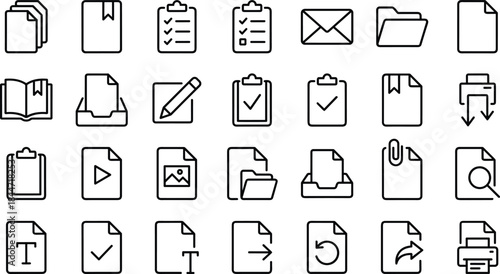 Document and office icon set featuring files folders clipboards checklists writing tools printing actions text pages search symbols and essential workflow management elements