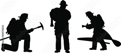 Firefighter silhouette, emergency gear, hose pose, pickaxe tool, rescue stance, vector art, black figure, isolated, white background, safety icon