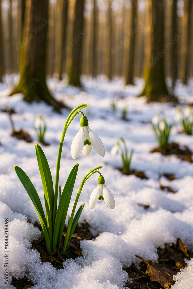 custom made wallpaper toronto digitalWhite snowdrop flowers blooming through melting snow in a forest. Early spring wildflowers symbolizing renewal, hope, and the transition from winter to spring in natural woodland light.