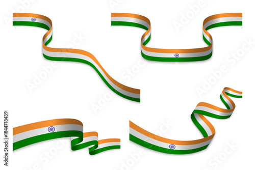 glossy Indian Flag Ribbon Set with Waving Tricolor Banner Isolated on White background