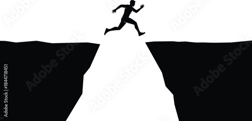 Jumping silhouette, cliff leap, risk action, determination moment, vector art, black figure, isolated, white background, courage, challenge, success