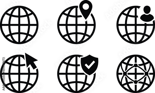 Global web network icon set featuring internet connectivity, user access, location indicators, cybersecurity shields, cursor interaction, and worldwide communication symbols for digital platforms