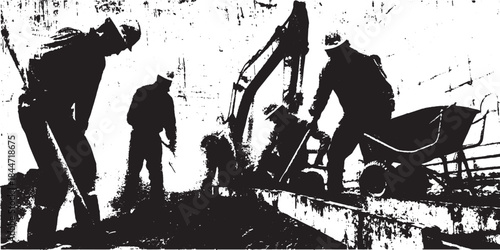 Construction site with workers using machinery and tools. Silhouettes of laborers in action, including an excavator and wheelbarrow in a black and white vector illustration.