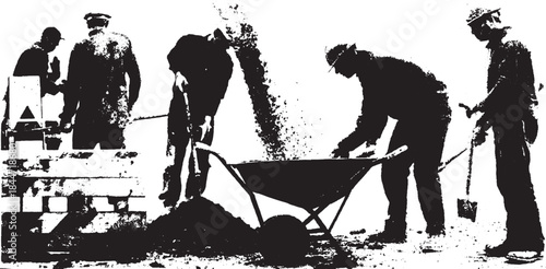 Construction workers using shovels and a wheelbarrow on a building site. Image features a group laboring with various equipment in a vector illustration.