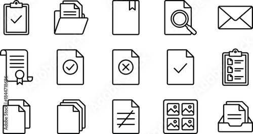 Document and file management icon set featuring folders, checklists, certificates, search tools, approvals, rejections, multi-page files, images, envelopes, and organized paperwork elements