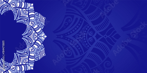 Horizontal color vector mandala banner. Decorative flower mandala on blue background. Luxury mandala color vector background. Arabic, islamic east style. Vector color illustration.