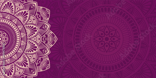 Horizontal color vector mandala banner. Decorative flower mandala on pink background. Luxury mandala color vector background. Arabic, islamic east style. Vector color illustration.