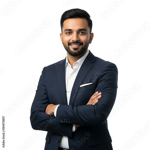 Confident young Indian business professional in a modern suit with arms crossed, smiling entrepreneur portrait representing leadership, success, corporate career, startup and management concept
