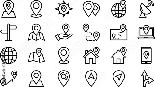 Location and navigation icon set featuring map pins GPS tracking routes direction signs global position home markers mobile geolocation and modern mapping elements