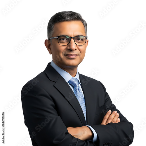 Confident middle-aged Indian businessman in a tailored suit with glasses, arms crossed, representing leadership, professionalism, authority, and modern corporate success