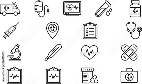Medical healthcare icon set featuring emergency services, diagnostics, medication, monitoring tools, laboratory symbols, treatment equipment and clinical essentials