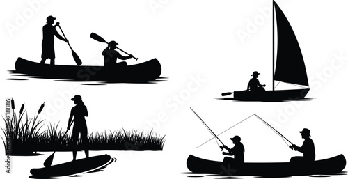 Water activity silhouette, canoe paddling, sailing boat, paddleboarding, fishing scene, lake recreation, black figure, vector art, outdoor adventure, isolated
